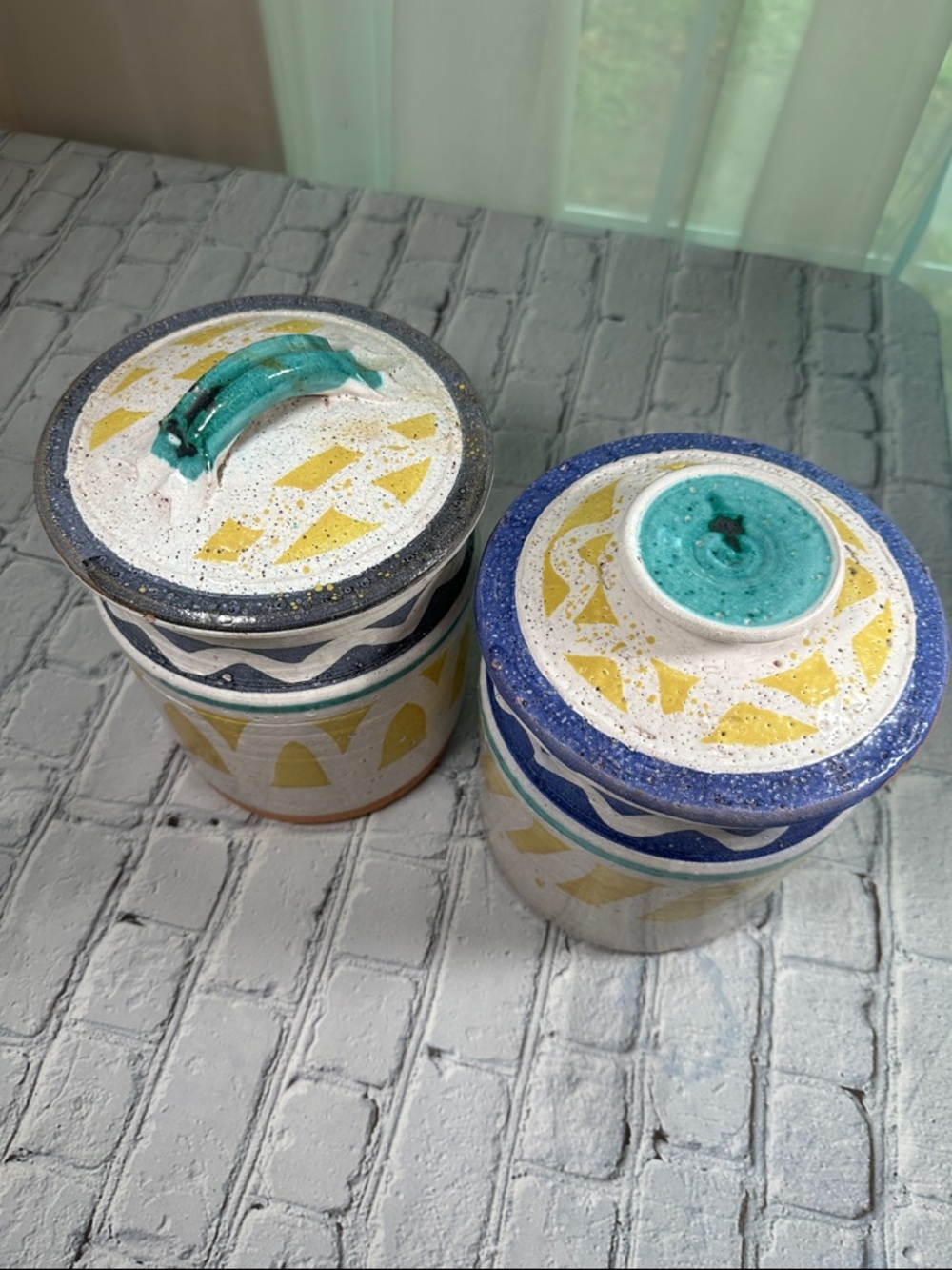 2 Navajo Southwestern Pottery Canisters Handmade 9-10” turquoise yellow blue - Picture 2 of 16